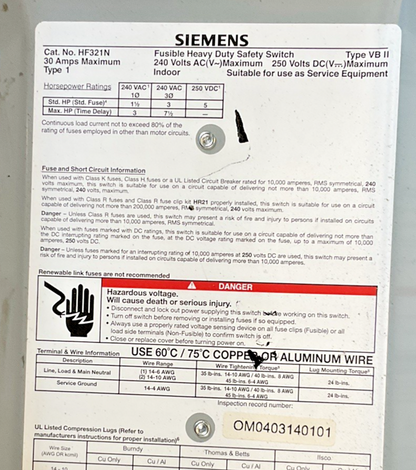 SIEMENS HF321N FUSIBLE SAFETY SWITCH 30A 240VAC 250VDC VBII