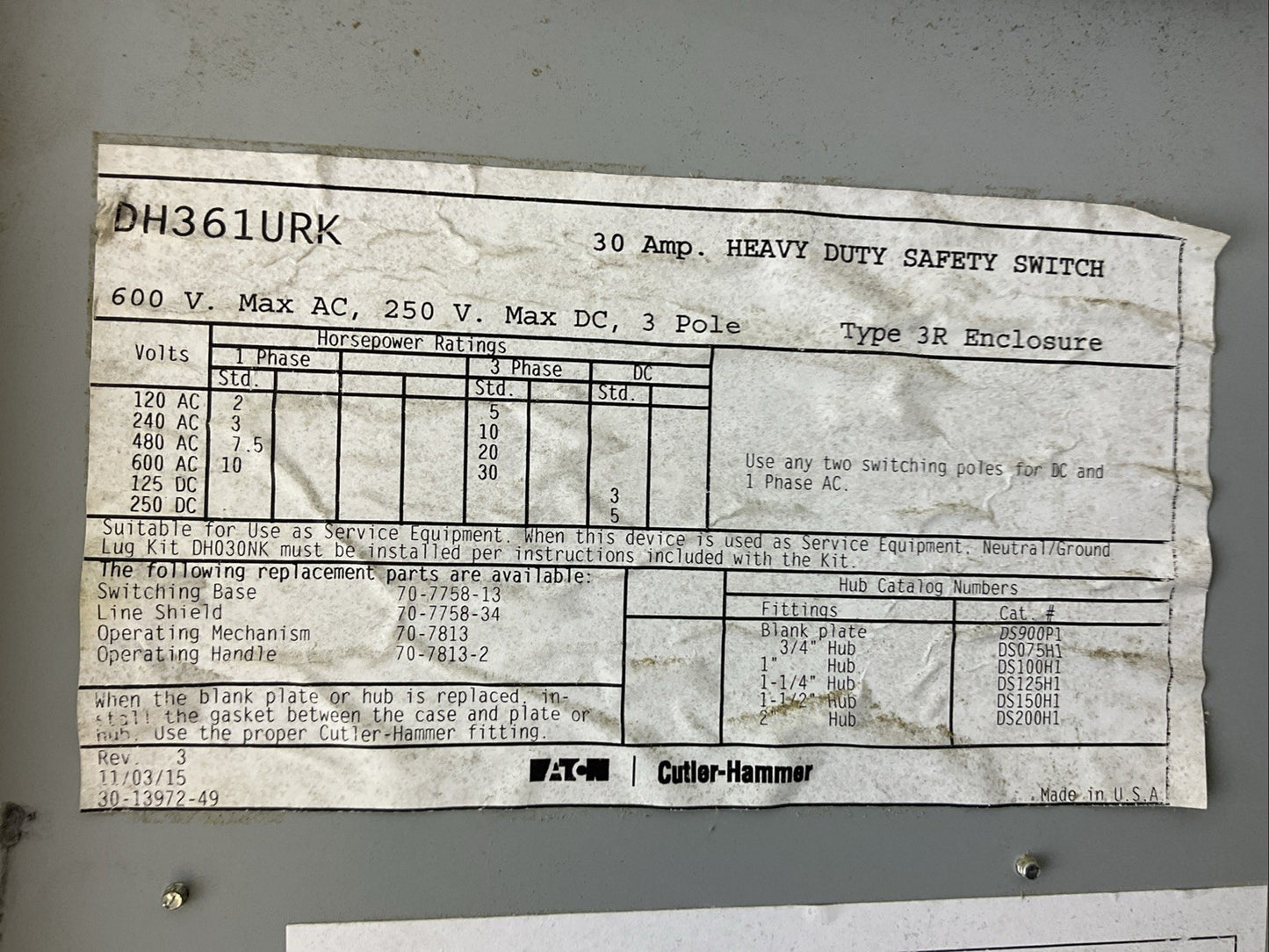 EATON DH361URK 600VAC 30HP 30A 250VDC 5HP NON-FUSIBLE SAFETY SWITCH TYPE 3R