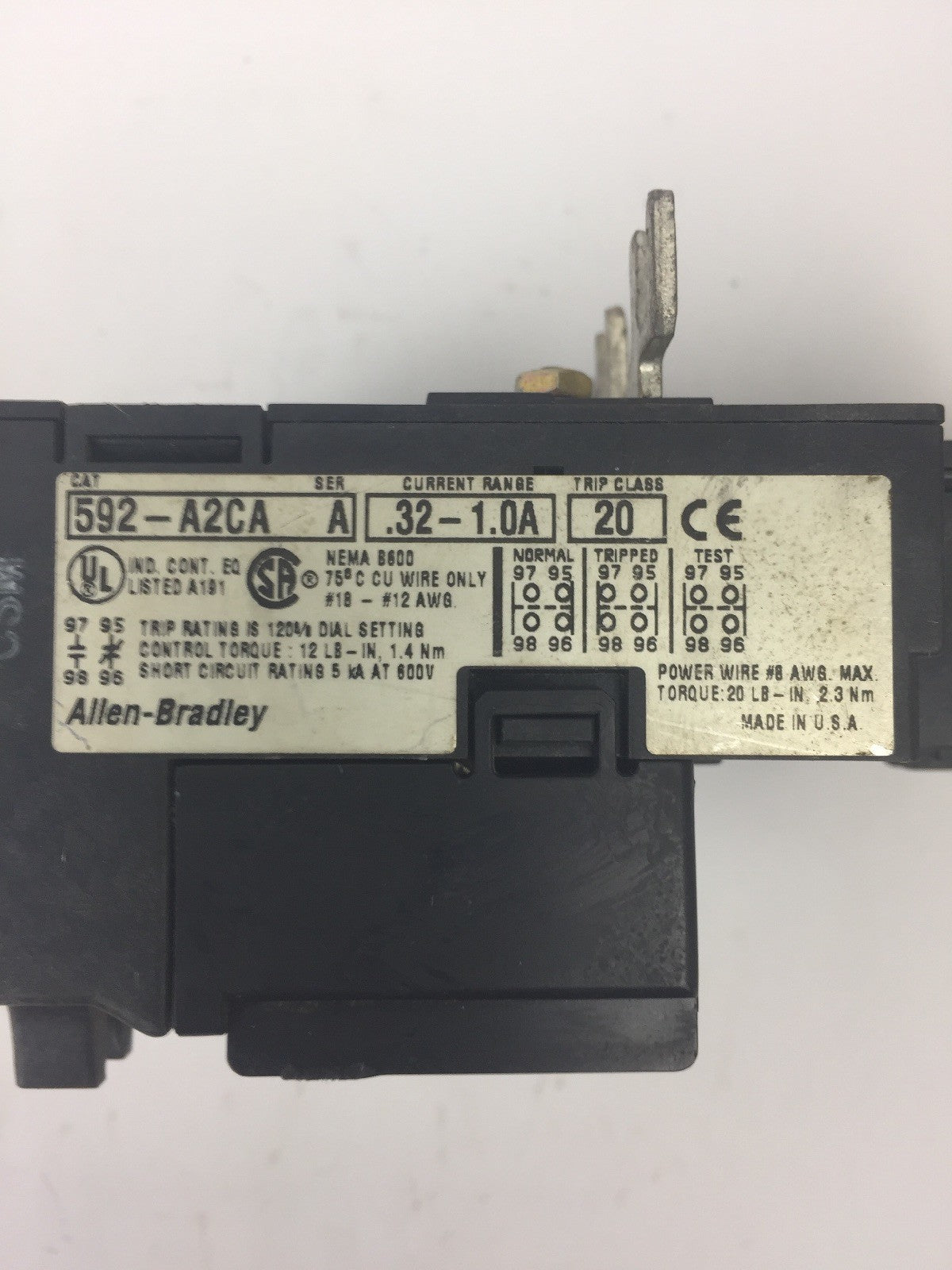 ALLEN BRADELY 592-A2CA OVERLOAD RELAY SER A CURRENT RANGE .32-1.0A TRIP CLASS 20