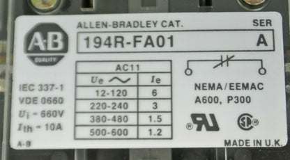 ALLEN-BRADLEY 194R-FA01 / AUXILIARY CONTACT / 1 N.C. / NEW SURPLUS