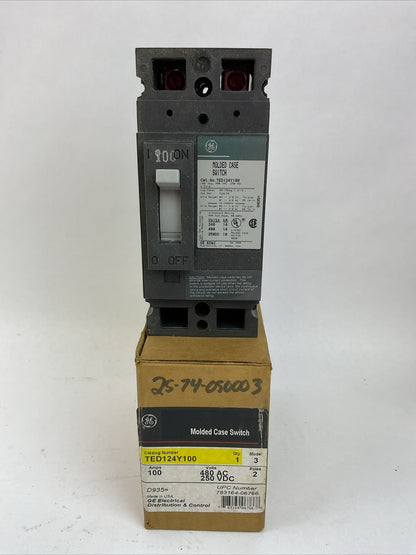 GE TED124Y100 MOLDED CASE SWITCH 2POLE 100AMP 480VAC 250VDC MODEL 3