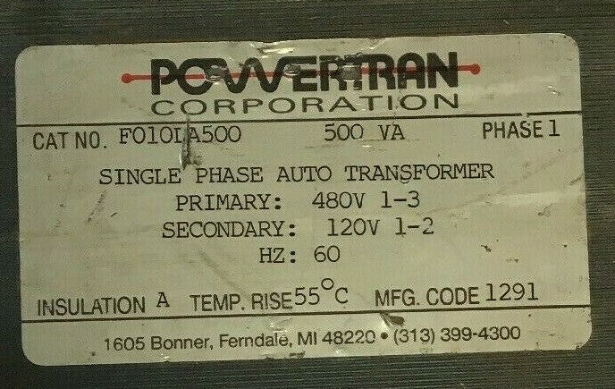POWERTRAN F010DA500 500VA SINGLE PHASE AUTO TRANSFORMER 480V 60HZ
