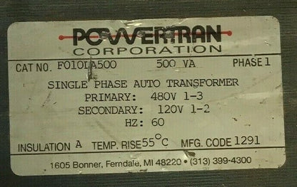 POWERTRAN F010DA500 500VA SINGLE PHASE AUTO TRANSFORMER 480V 60HZ