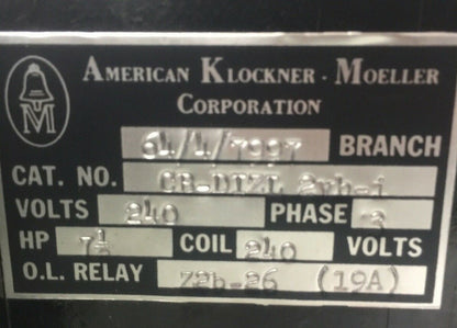 KLOCKNER MOELLER COMBINATION STARTER 7 1/2HP 240V 3PH COIL 240V