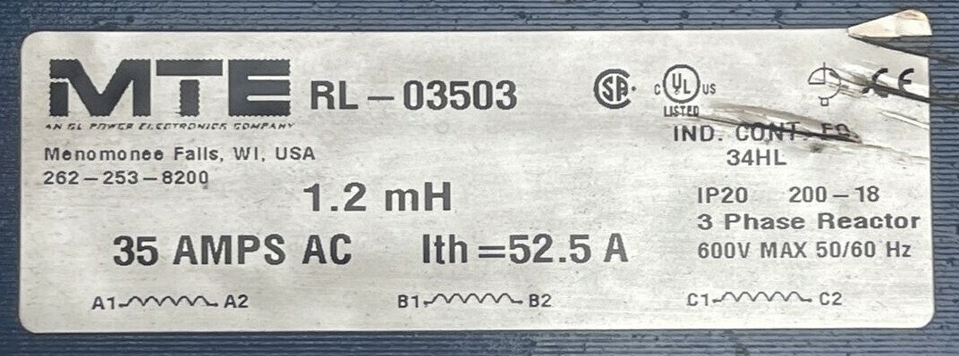 MTE RL-03503 3 PHASE REACTOR 600V 50/60HZ 1.2mH 35 AMPS AC Ith=52.5A