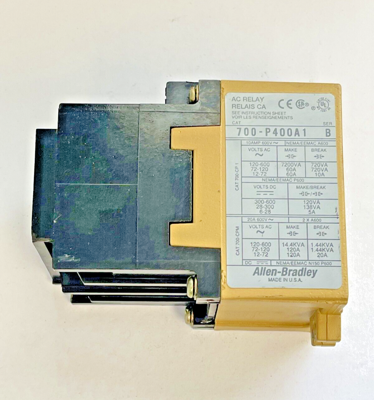 ALLEN BRADLEY - 700-P400A1 SER. A - AC RELAY - 10 A, 600 VAC, 120 V COIL