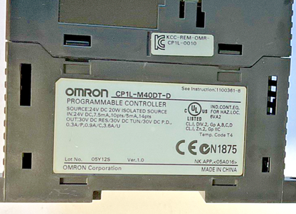 OMRON CP1L-M40DT-D PROGRAMMING CONTROLLER 24VDC 20W VER.1.0