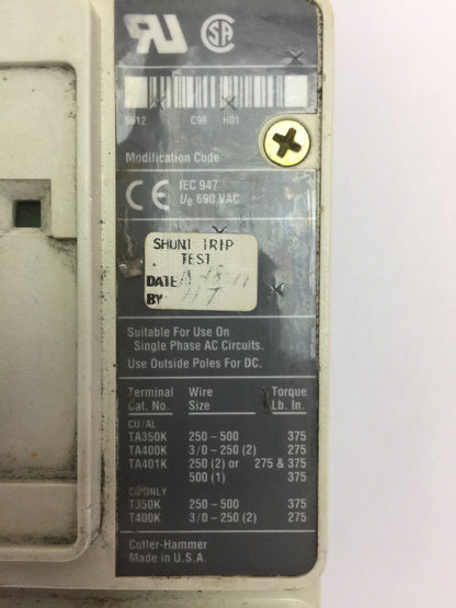 CUTLER HAMMER HM2P400X5WS10 MOTOR CIRCUIT PROTECTOR 400A 600VAC 250VDC 2 POLE