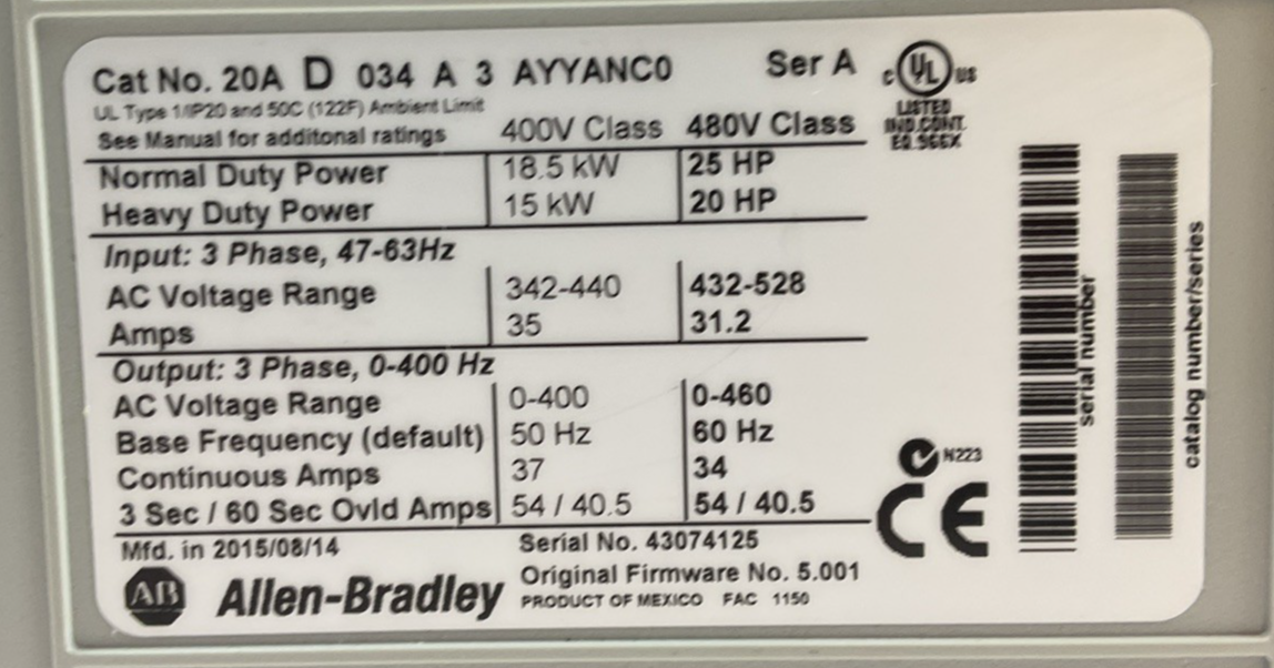 ALLEN BRADLEY 20AD034A3AYYANC0 SER A FIRMWARE 5.001 AC DRIVE 25HP