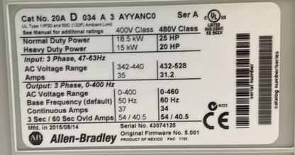 ALLEN BRADLEY 20AD034A3AYYANC0 SER A FIRMWARE 5.001 AC DRIVE 25HP
