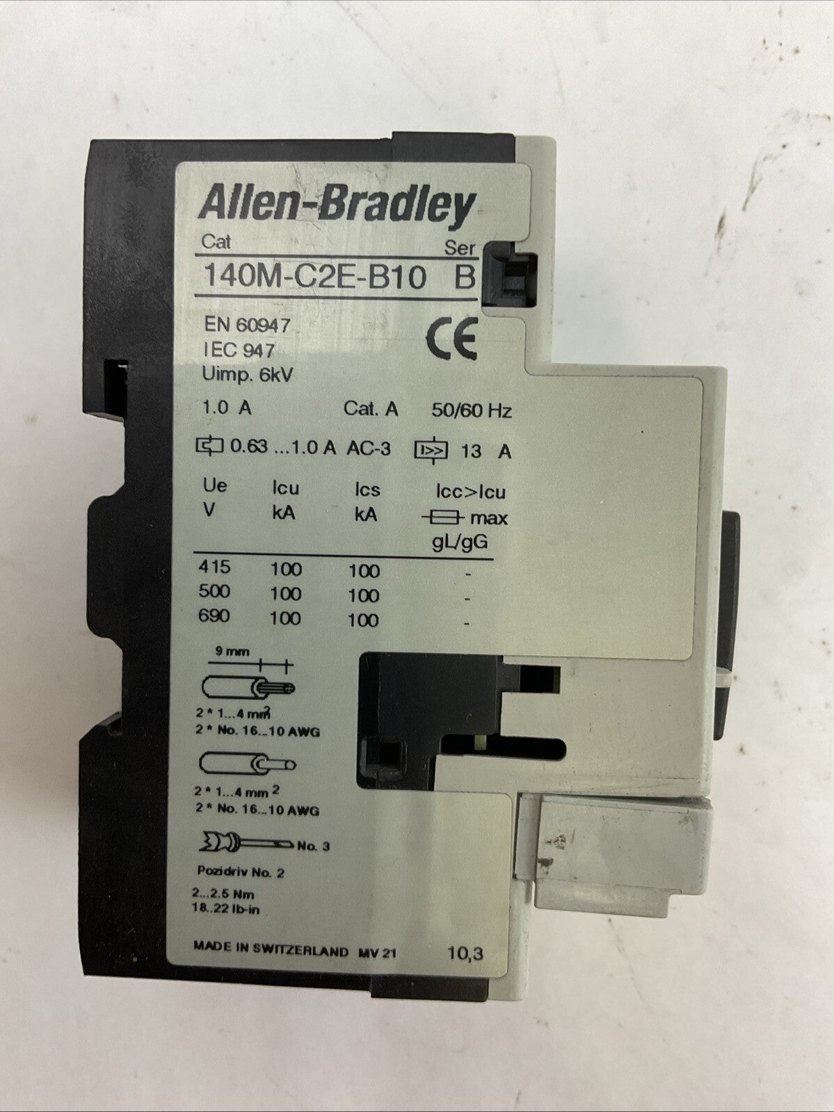 ALLEN BRADLEY 140M-C2E-B10 MOTOR CIRCUIT BREAKER SER B 0.63-1.0A TRIP