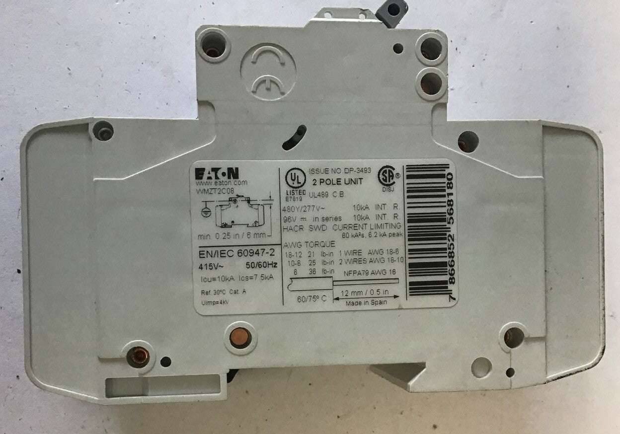EATON WMZT2C08 CIRCUIT BREAKER 8A 480Y/277VAC 10KA 2POLE 50/60HZ***LOTOF2***