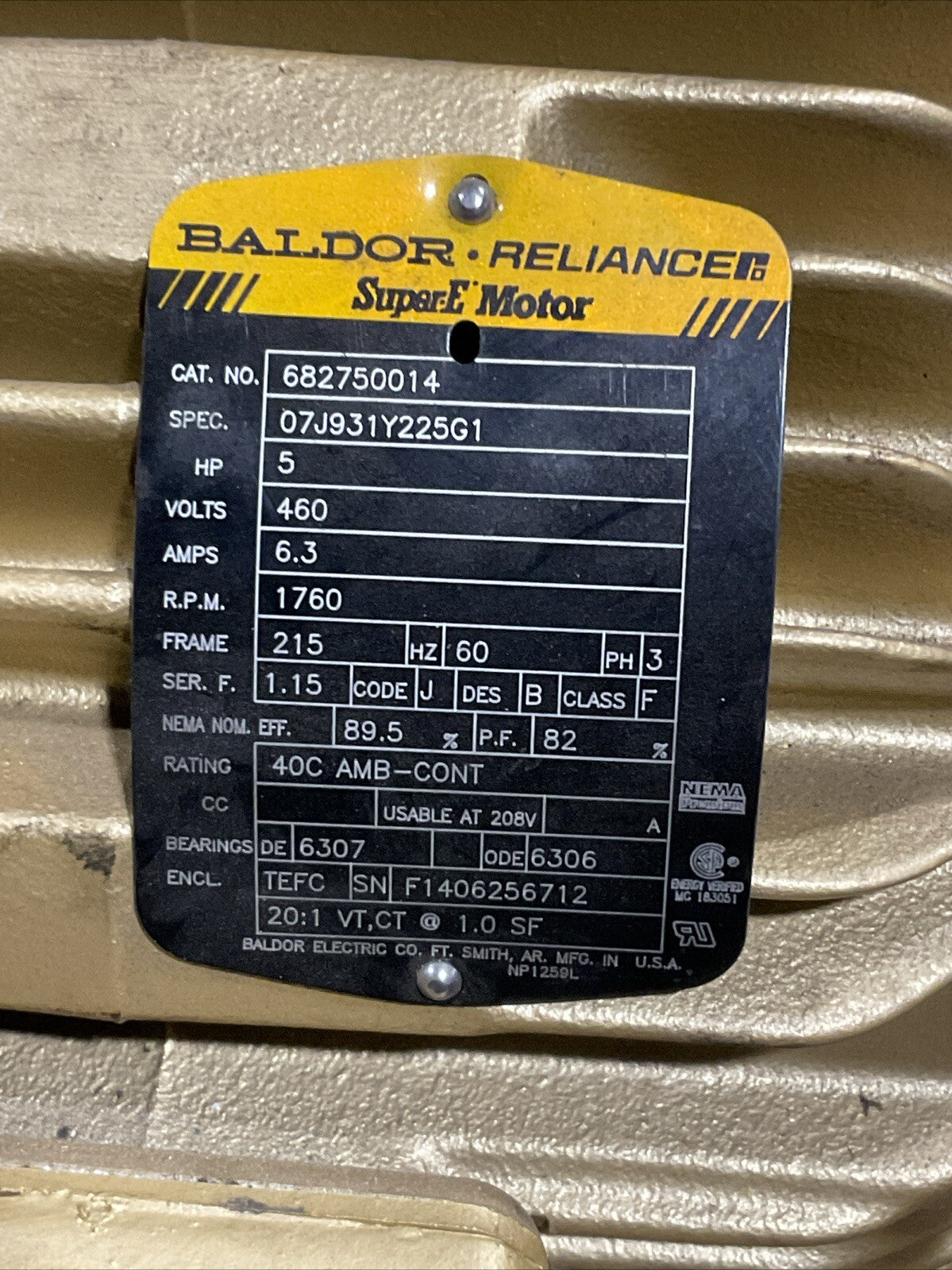 BALDOR 682750014 SUPER-E MOTOR 5HP 6.3A 1760RPM 3PH 460V 07J931Y225G1