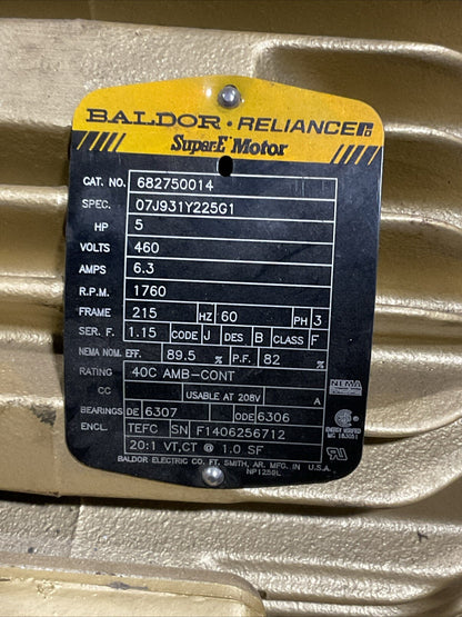 BALDOR 682750014 SUPER-E MOTOR 5HP 6.3A 1760RPM 3PH 460V 07J931Y225G1
