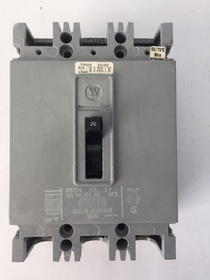 WESTINGHOUSE HFB2020 CIRCUIT BREAKER 20AMP 600VAC 250VDC 2P 4976D04G19