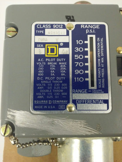 SQUARE D 9012 ACW1S11 SER.B, PRESSURE SWITCH, SET 40-44 PSI, FORM V, 9012 ACW1