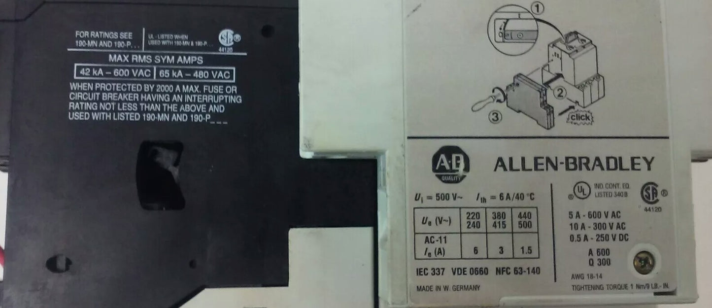 ALLEN-BRADLEY STARTER 190-MN, 190-P160, 190-A40, 190-A11, 199-FSMA1, 120V COIL