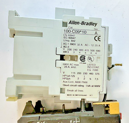 ALLEN BRADLEY 100-C09*10 CONTACTOR SER A 600VAC 9A W/ 193-BSB 22 RELAY 15-23A