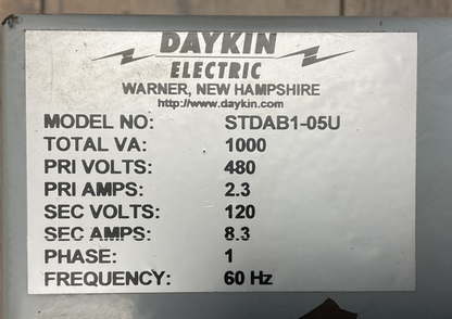 DAYKIN STDAB1-05U TRANSFORMER DISCONNECT 1000VA PRI 480V 2.3A SEC 120V 8.3A 1PH