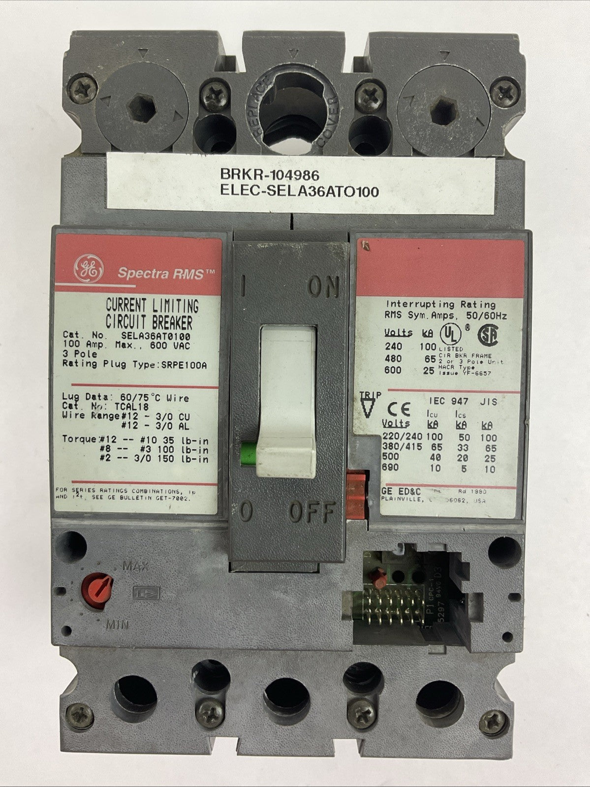 GE SELA36AT0100 100AMP 600VAC 3POLE CURRENT LIMITING CIRCUIT BREAKER