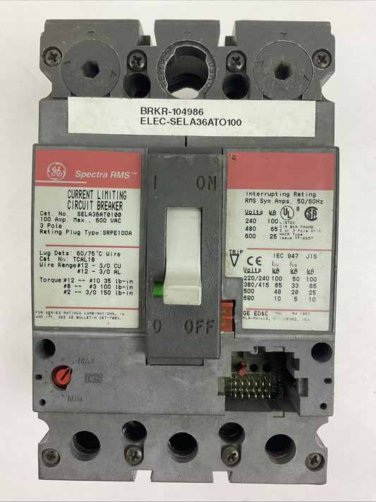 GE SELA36AT0100 100AMP 600VAC 3POLE CURRENT LIMITING CIRCUIT BREAKER