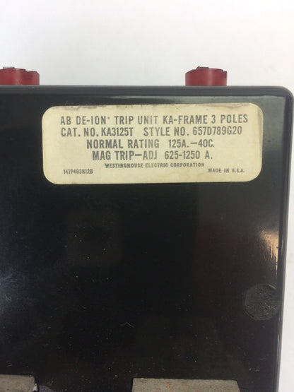 WESTINGHOUSE KA3125T 125A TRIP UNIT 3POLE MAG TRIP-ADJ 625-1250A