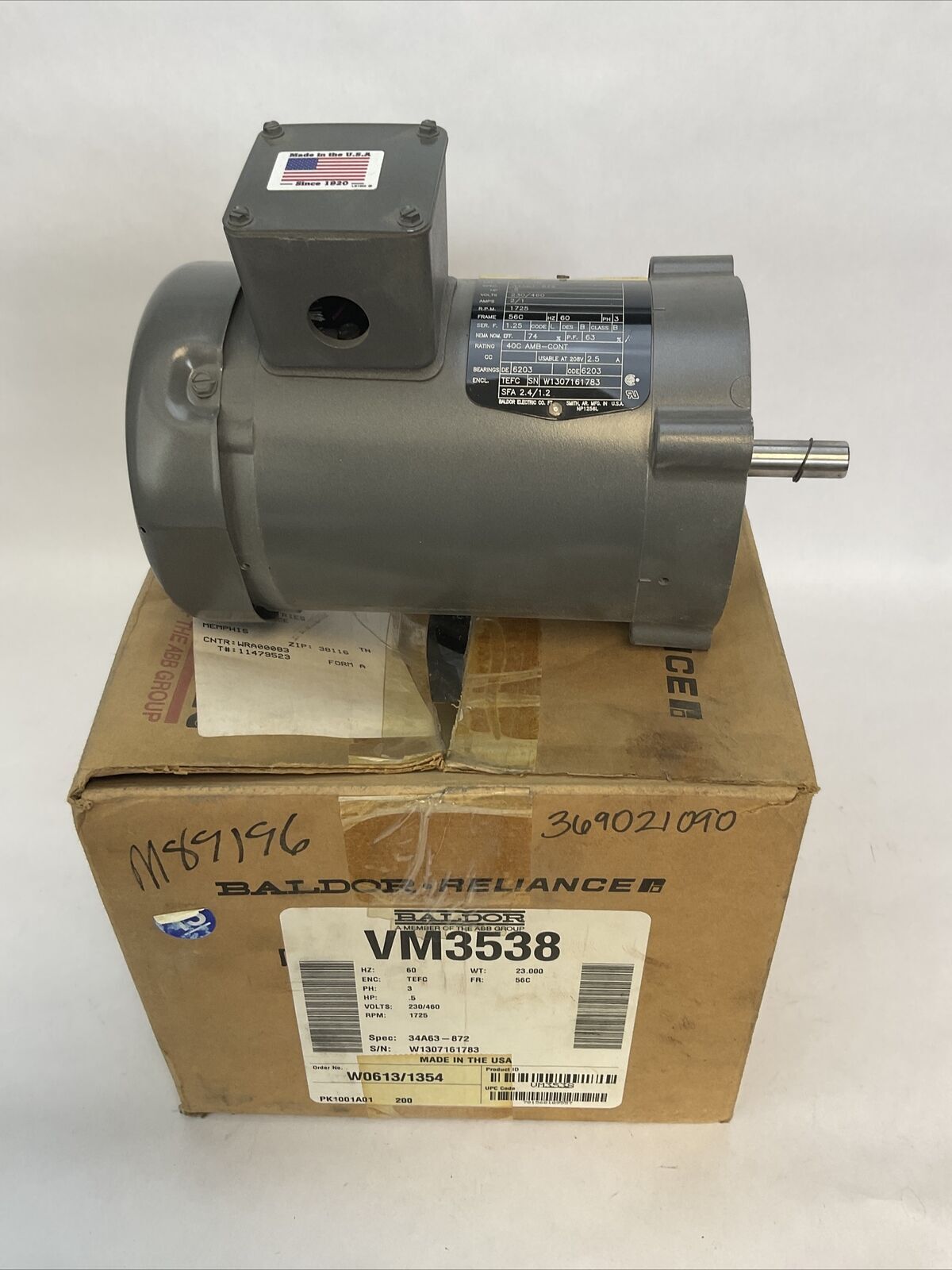 BALDOR RELIANCE VM3538 INDUSTRIAL MOTOR 0.5HP 230/460V 2/1AMP 1725RPM