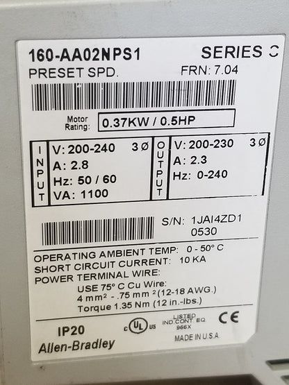 Allen Bradley Preset Speed 160-AA02NPS1  FRN: 7.04 0.37KW 0.5HP