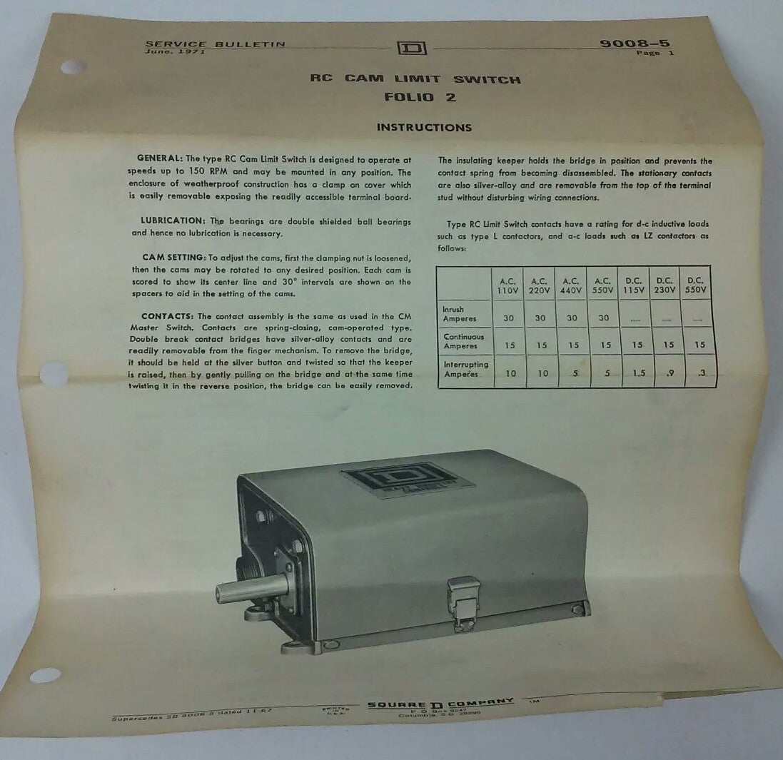 SQUARE D ROTATING CAM LIMIT SWITCH CLASS 9008, TYPE RC-114AW, SER. FOL-2, 600V