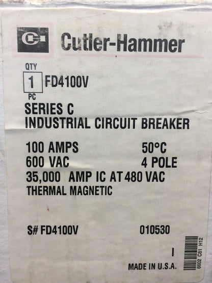 CUTLER-HAMMER FD4100V INDUSTRIAL CIRCUIT BREAKER 600VAC 250VDC 100AMP 4 POLES