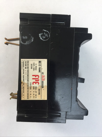 FPE 2220 CIRCUIT BREAKER NE-S FRAME 2POLE 20A 240VAC 125-250VDC FEDERAL PACIFIC