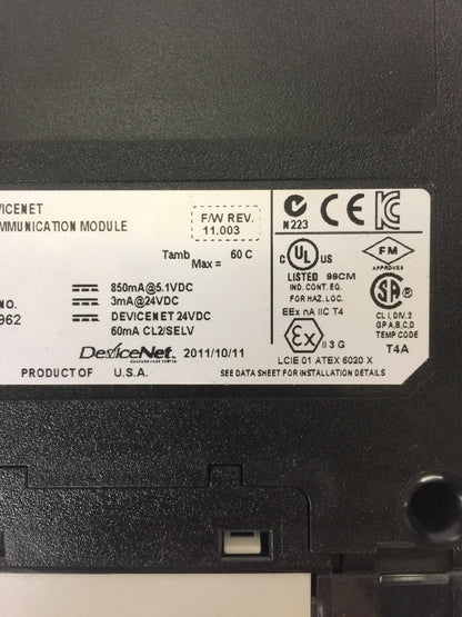 ALLEN BRADLEY 1756-DNB DEVICENET COMMUNICATION MODULE SER D 24VDC F/W REV 11.003