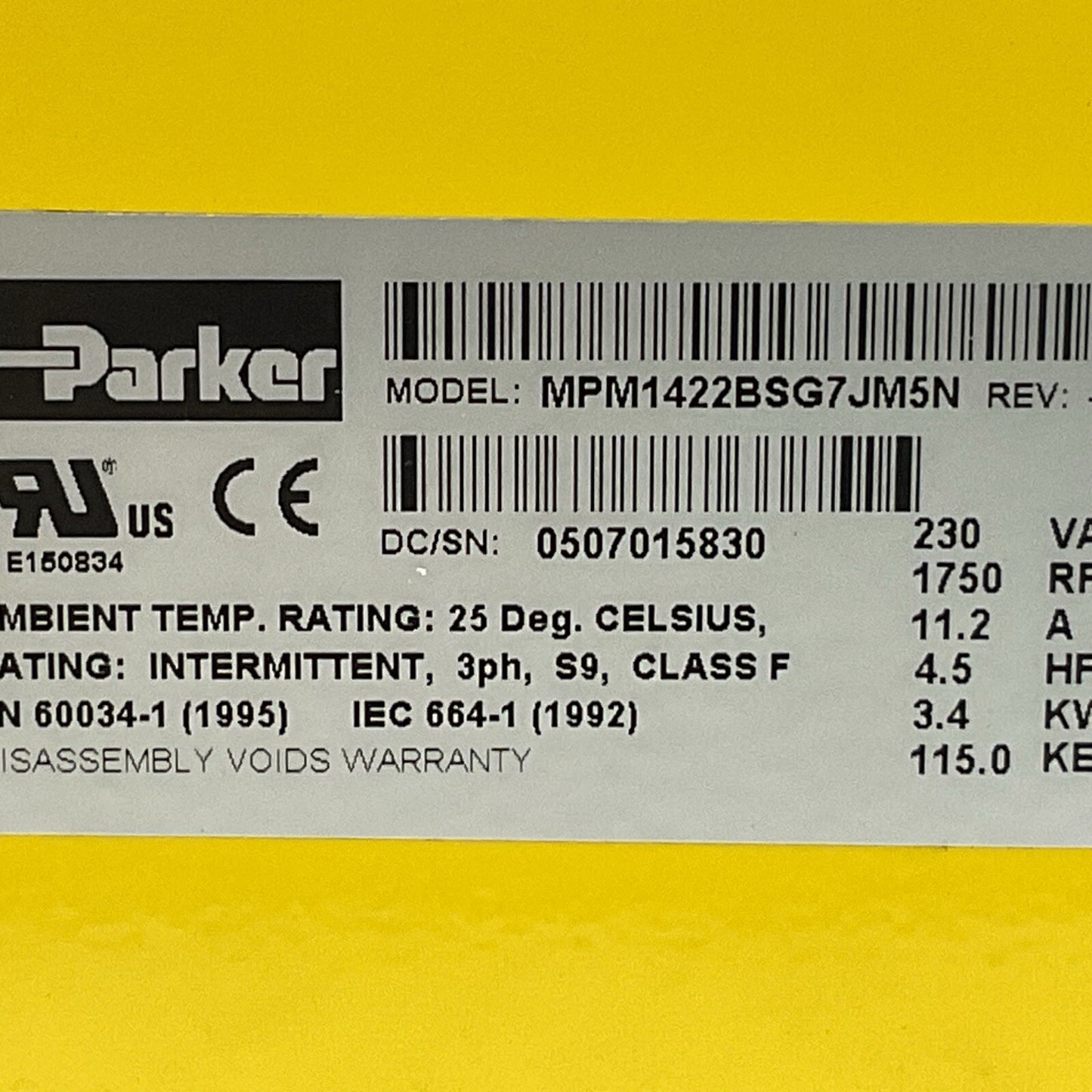PARKER MPM1422BSG7JM5N SERVO MOTOR 230VAC 1750RPM 11.2A 4.5HP 3.4KW 115.0KE