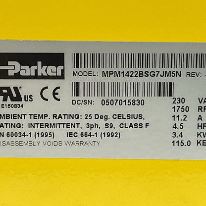 PARKER MPM1422BSG7JM5N SERVO MOTOR 230VAC 1750RPM 11.2A 4.5HP 3.4KW 115.0KE