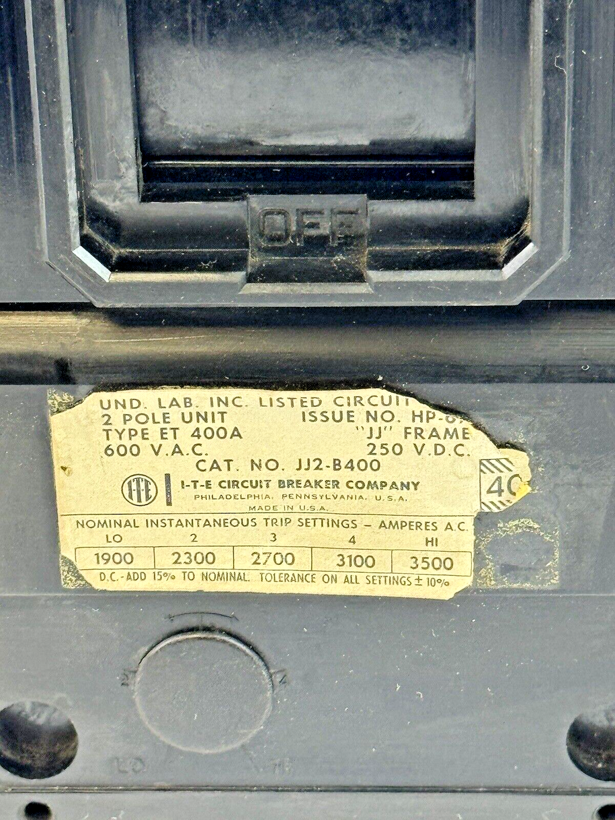 ITE - JJ2B400 - THERMAL MAGNETIC CIRCUIT BREAKER - 400 A, 2 POLE, 600 VAC