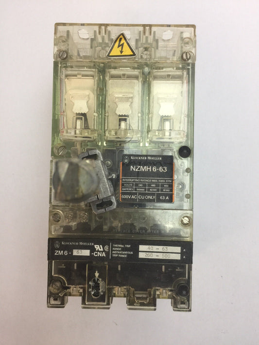 KLOCKNER MOELLER NZMH6-63 CIRCUIT BREAKER 600VAC 63A ZM6-63-CNA THERMAL TRIP