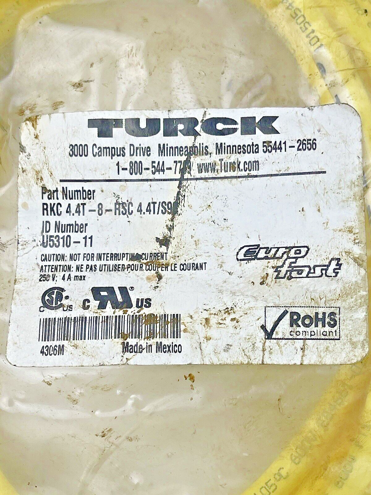 TURCK -  RKC 4.4T-8-RSC 4.4T/S90 - SENSOR CORDSET - U5310-11 - EUROFAST 600 VAC