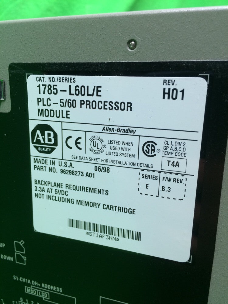 ALLEN BRADLEY 1785-L60L/E PROCESSOR MODULE REV. H01 W/ 1785-ENET A