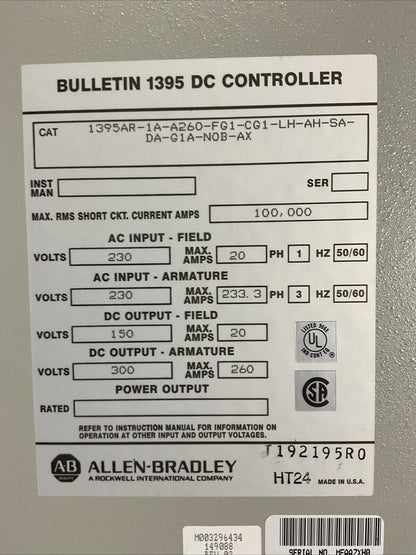 ALLEN BRADLEY 1395AR-1A-A260-FG1-CG1-LH-AH-SA-DA-G1A-NOB-AX DC DRIVE CONTROLLER