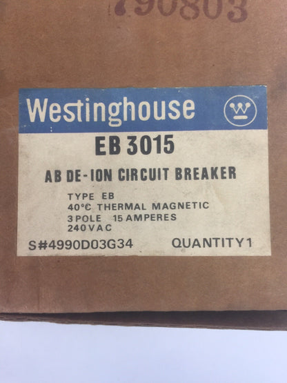 WESTINGHOUSE EB3015 AB DE-ION CIRCUIT BREAKER 15A 240VAC 3 POLE 4990D03G34
