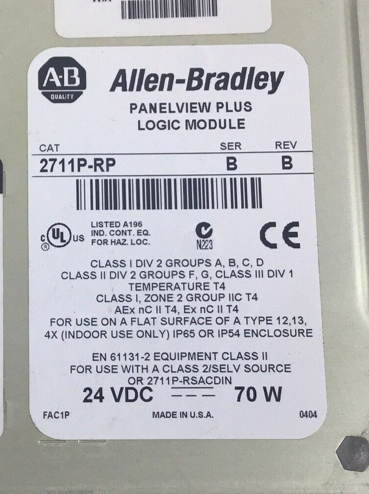 ALLEN BRADLEY 2711P-RP PANELVIEW PLUS LOGIC MODULE SER.B REV.B 24VDC 70W