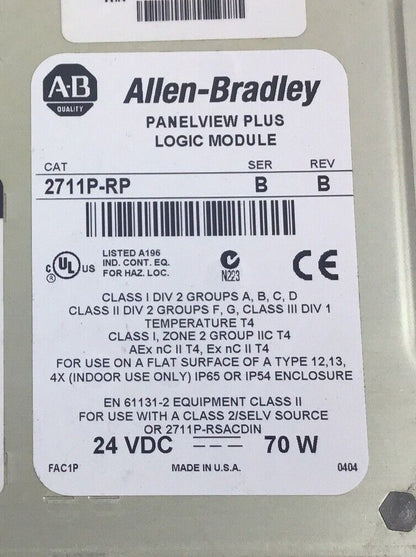 ALLEN BRADLEY 2711P-RP PANELVIEW PLUS LOGIC MODULE SER.B REV.B 24VDC 70W
