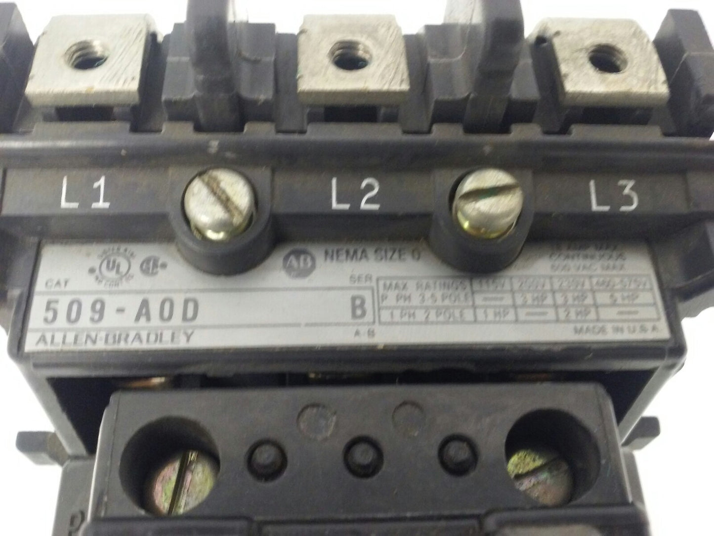 ALLEN BRADLEY 509-AOD, SER. B, STARTER, SIZE 0, 600V, 18A, 5 H.P.,120V COIL,USED