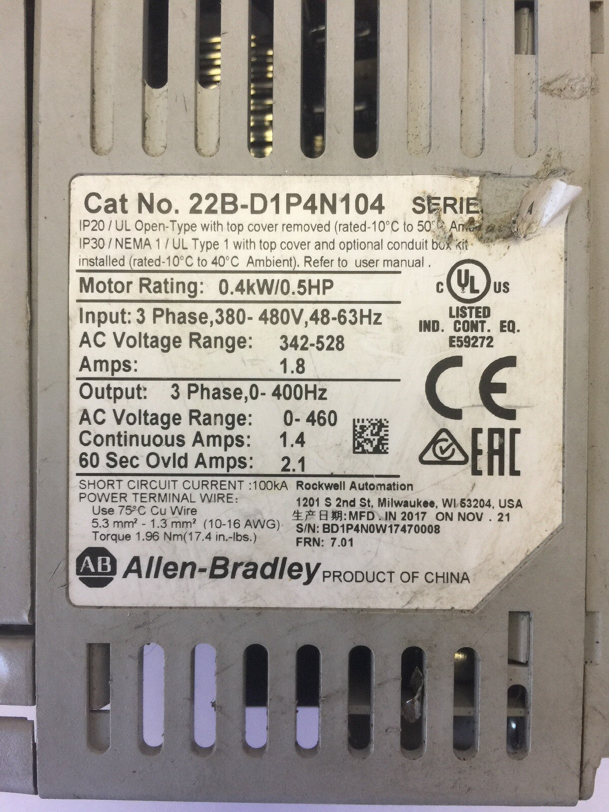 ALLEN BRADLEY 20BD1P4N104 AC DRIVE INPUT 380-480VAC OUTPUT 0-460VAC 3PHASE 2.1A