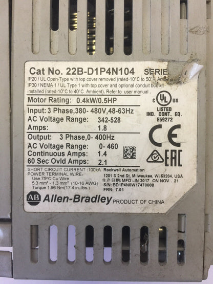 ALLEN BRADLEY 20BD1P4N104 AC DRIVE INPUT 380-480VAC OUTPUT 0-460VAC 3PHASE 2.1A