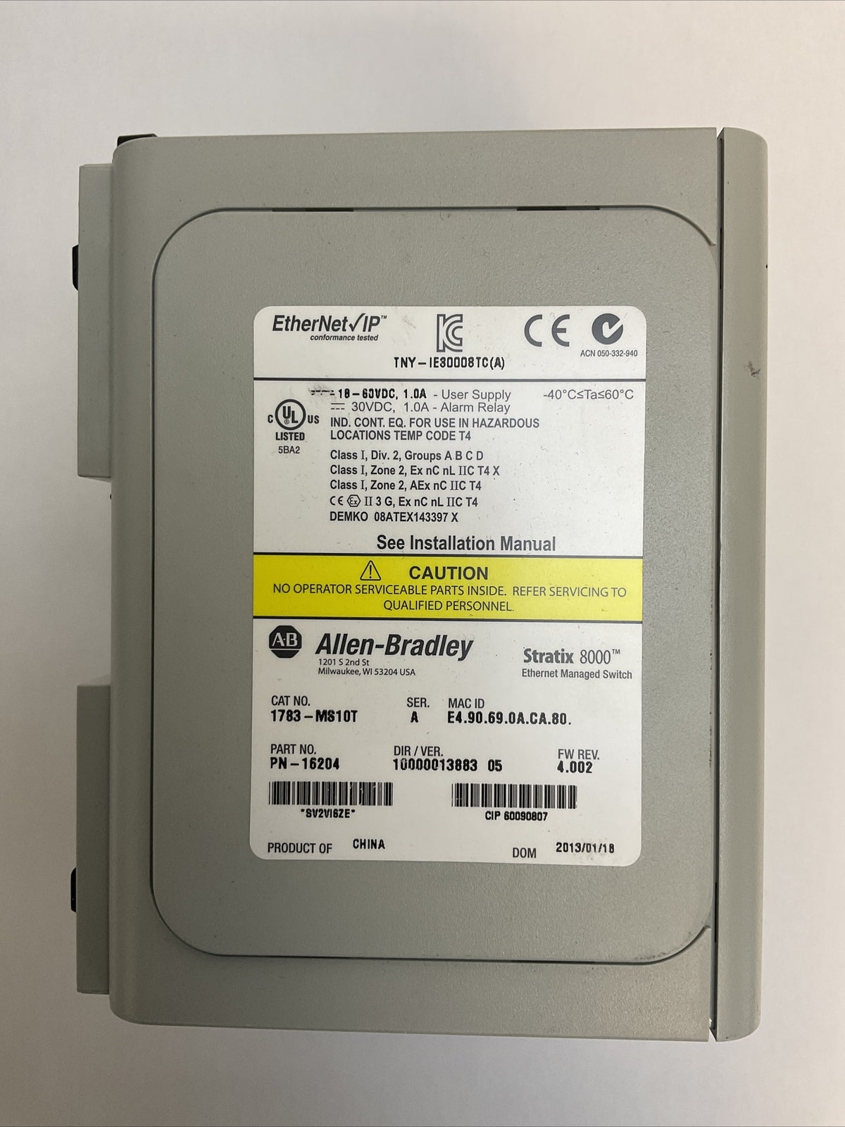 ALLEN BRADLEY 1783-MS10T SER A DIR/VER 10000013883 05 FW REV 4.002 STRATIX 8000