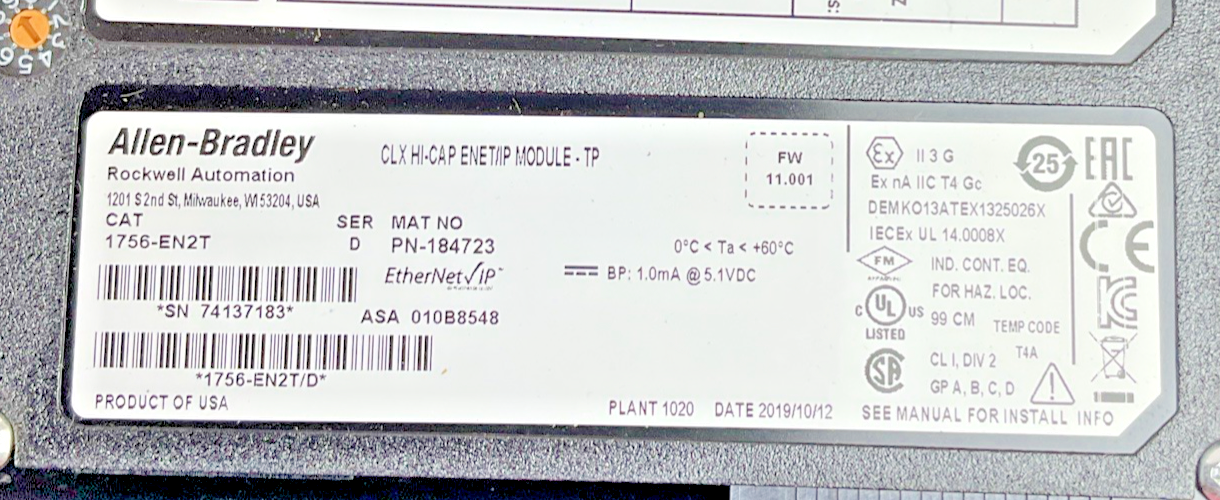 ALLEN BRADLEY 1756-EN2T ENET/IP MODULE FW:11.001 SER.D