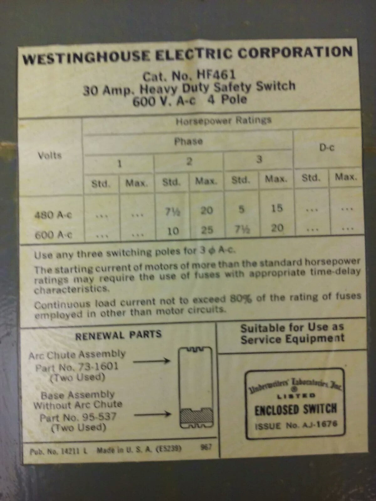 WESTINGHOUSE HF461 SAFETY SWITCH, 30A, 600V, 4P FUSIBLE, 25 H.P., NEW