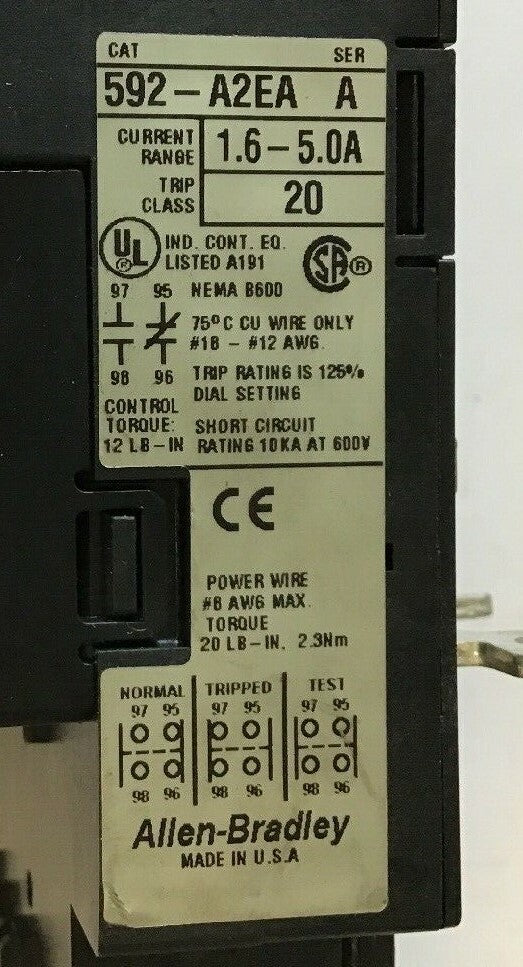 ALLEN BRADELY 592-A2EA OVERLOAD RELAY SER A CURRENT 1.6-5.0A TRIP CLASS 20