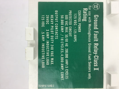 WESTINGHOUSE GFR60ED GROUND FAULT RELAY ELEC RESET W/O INTLK 255P156H08D
